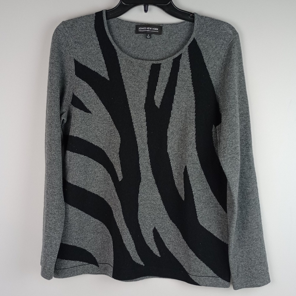 Jones New York Womens M Gray Black Zebra Print 100% Cashmere Pullover Sweater